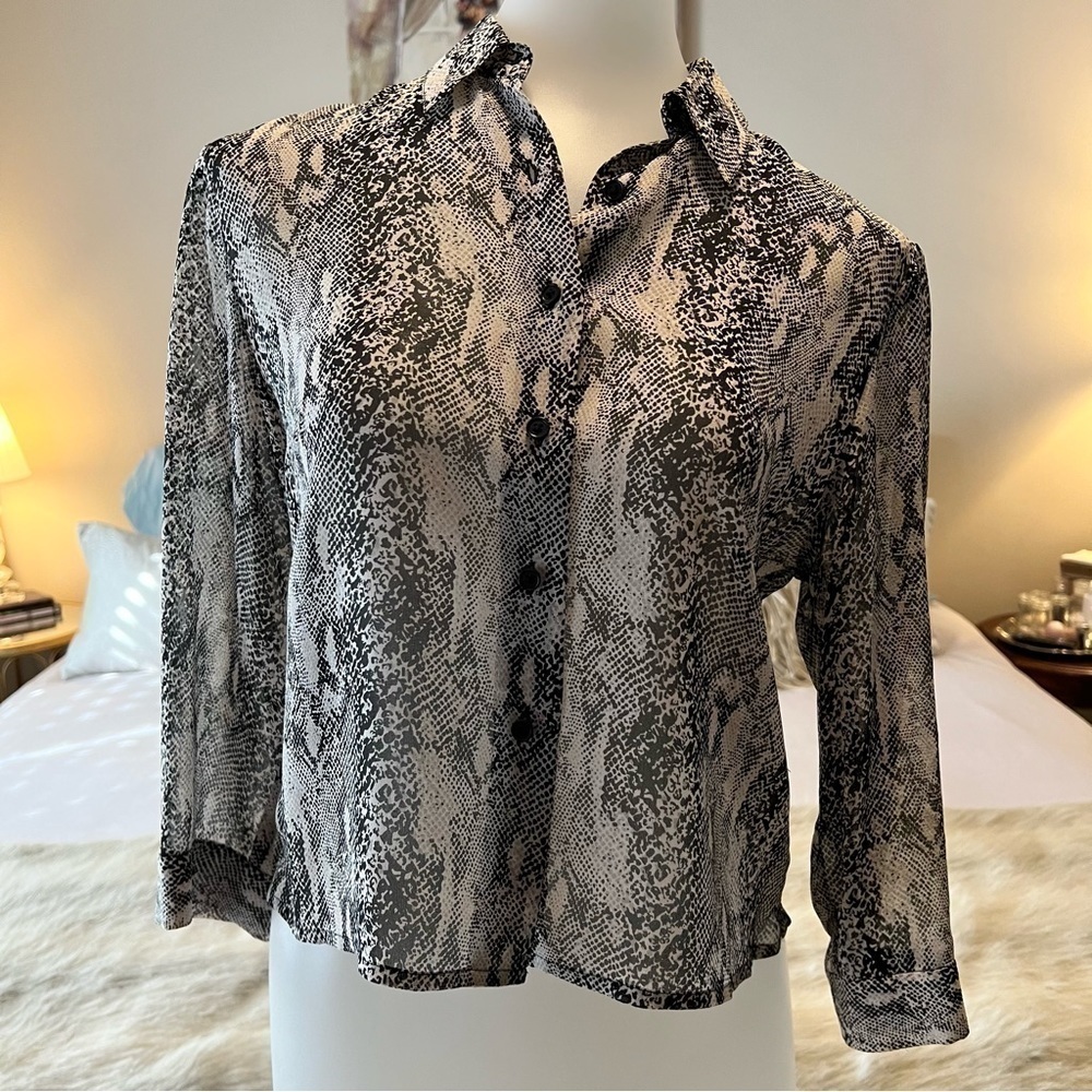 Vintage ANN TAYLOR Beige Black Sheer Snake 3/4 Sleeves 4P Button Down Shirt
